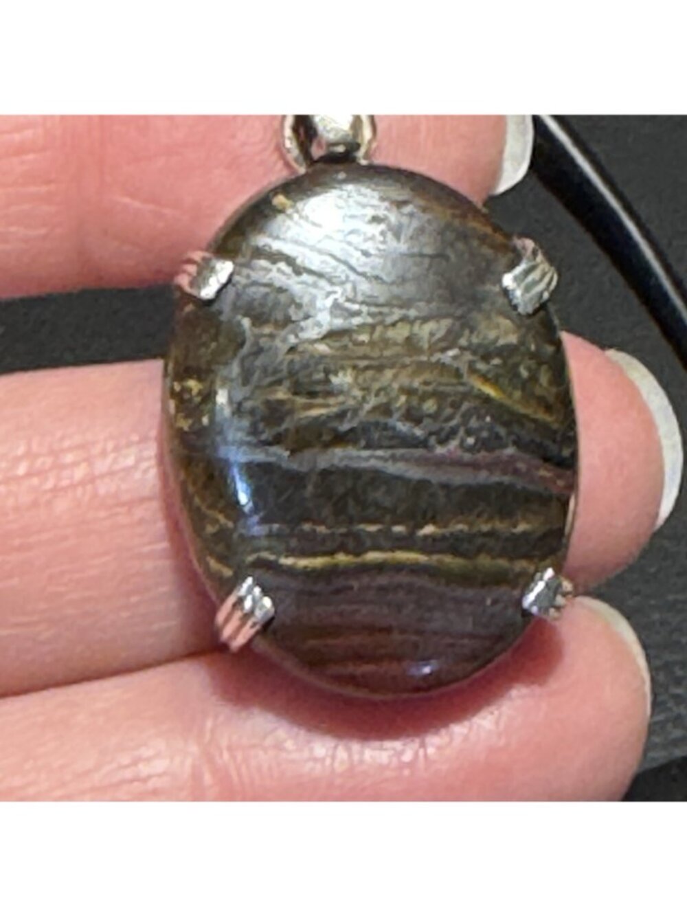 Tiger Iron Sterling Silver Pendant Polished Oval Gemstone Natural Layered Bands - Picture 12 of 16